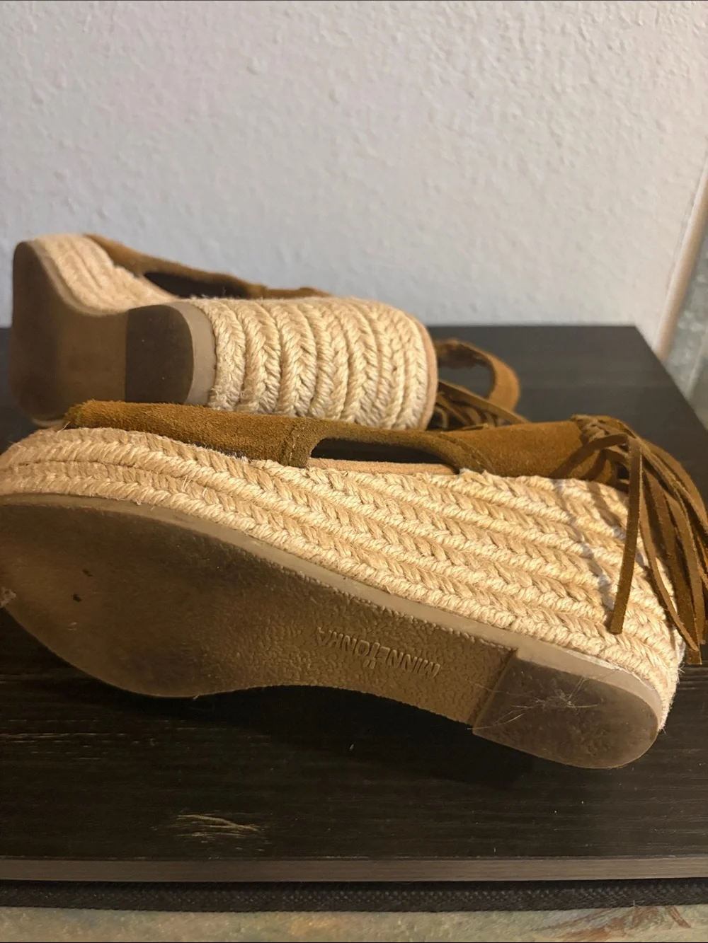 Minnetonka Brown Suede Open-Toe Espadrille Wedge Booties